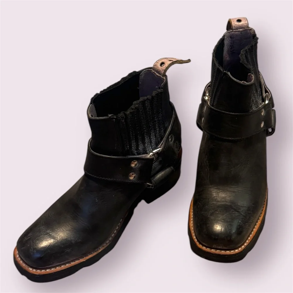 Freebird | Whiskey Black Leather Harness Ankle Boots Moto Size 6 - Picture 2 of 12